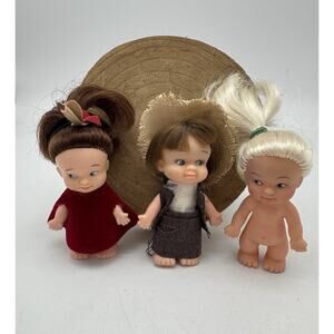 3 Vintage Pee Wee Uneeda Small Dolls 1960's 3.5" w Outfits Peewee Girl Boy